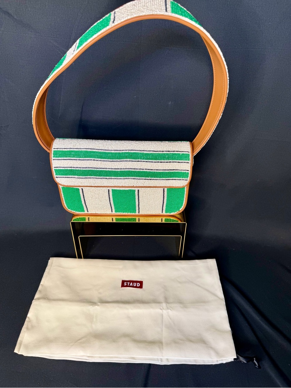 STAUD Beaded Green & White Striped  Tommy Shoulder Bag